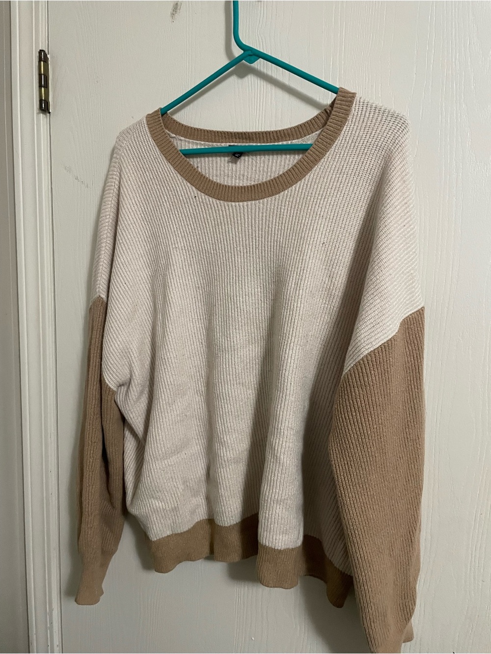 Express Two-Tone Crewneck Sweater in Cream and Tan